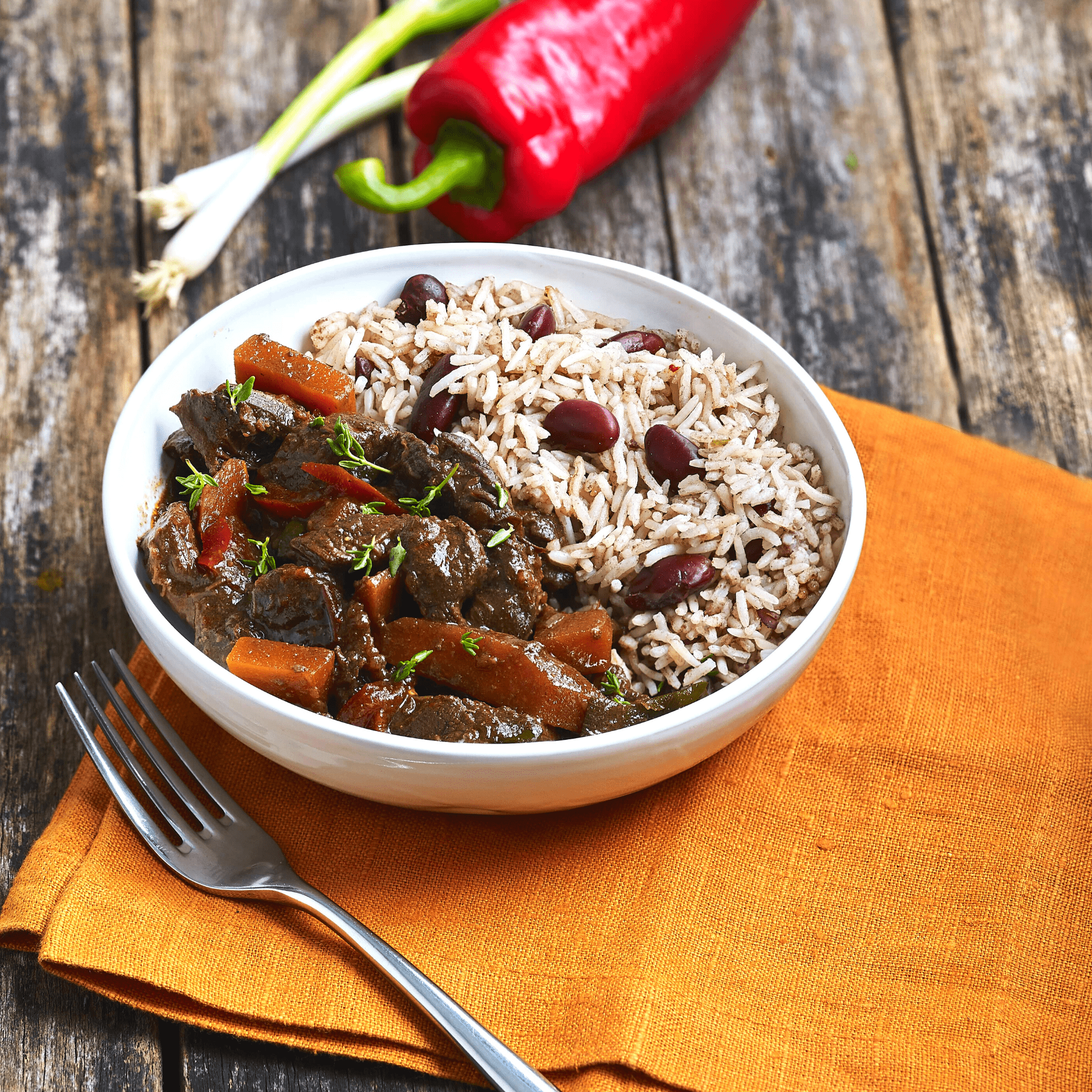 Jamaican Food Near Me. Pepper Steak with Rice & Peas Frozen Ready Meals Delivery UK.